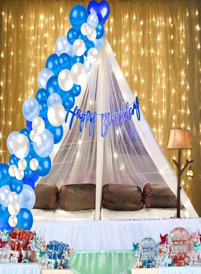 1iAM Happy Birthday Decoration Item for Boys, Girls | Pack of 45 - 1pc Banner, Net, Light, Arch & 41pcs Balloons | Romantic Blue White Cabana Birthday Decoration Kit for Husband | Party Supplies - Image 1